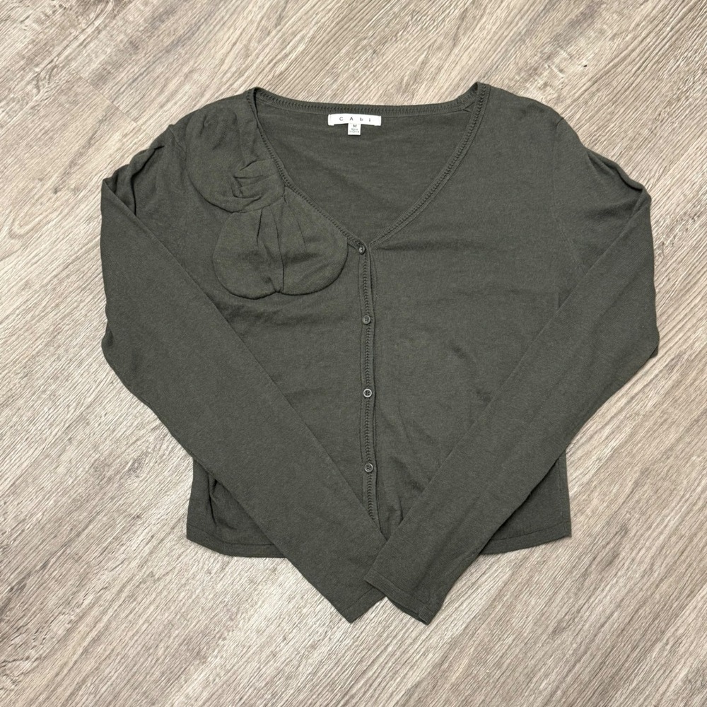 Cabi 639 Grey Green‎ Cotton Cashmere Bow Button Cardigan Sweater Womens Medium